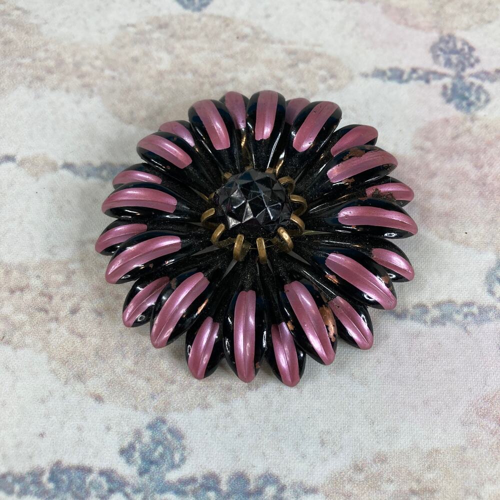 Whimsigoth Large Pink & Black Enameled Daisy Flower Brooch Vintage 70s